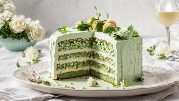Capture the essence of sophistication with a green cream cake showcased on a pristine white plate ag