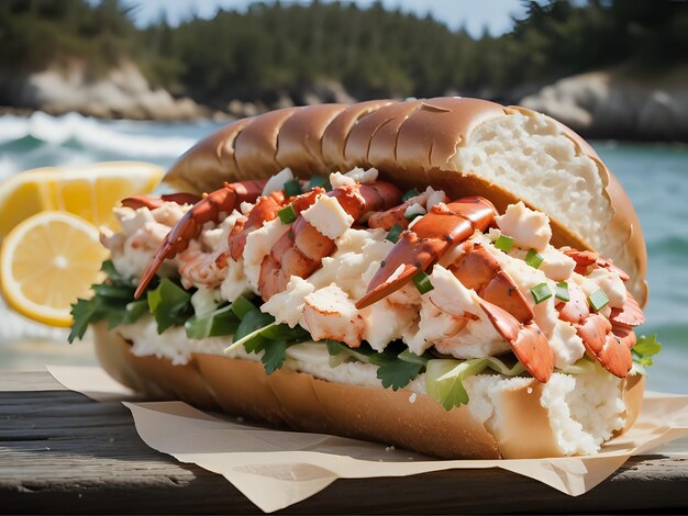 Foto cattura l'essenza di una giornata d'estate soleggiata in spiaggia con una foto appetitosa di un delizioso rotolo di aragoste