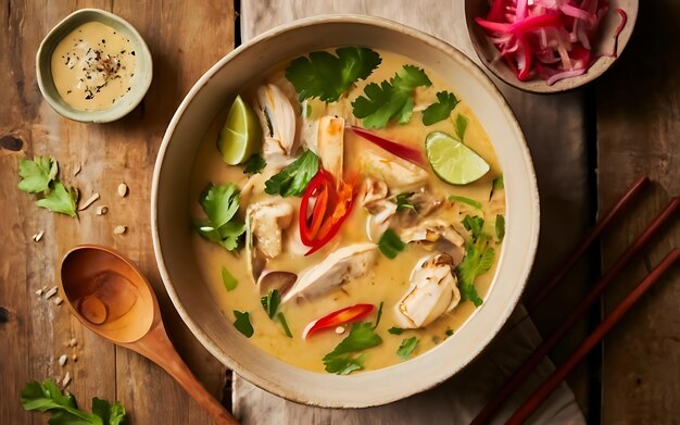 Capture the essence of Tom Kha Gai in a mouthwatering food photography shot