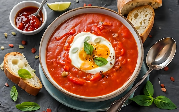 Capture the essence of tomato soup in a mouthwatering food photography shot