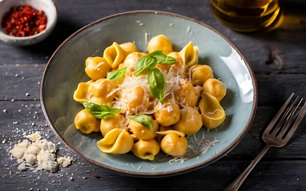 Foto cattura l'essenza dei tortellini in un'affascinante fotografia di cibo