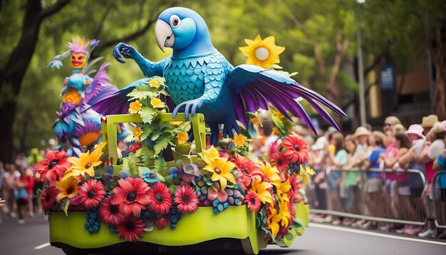 Capture the excitement of an Australia Day parade focusing on floats showcasing the country's diver