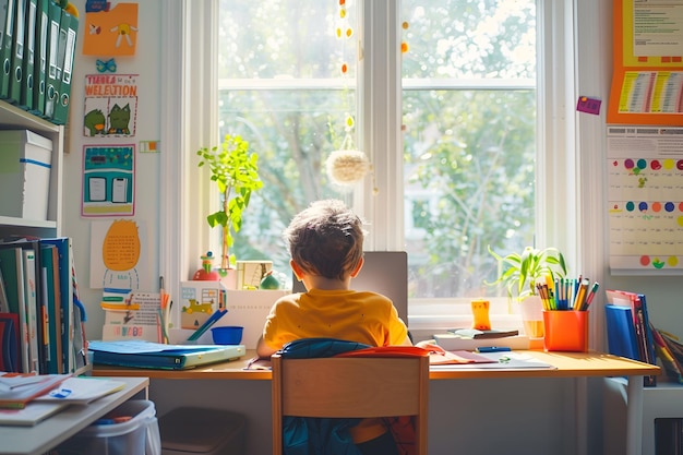 capture the excitement of a child returning to school as they sit at their desk in their room surro