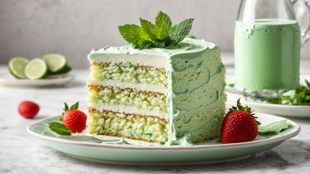 Capture the freshness of a delicious green cream cake on a pristine white plate against a clean whi