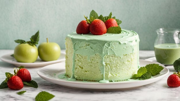 Capture the freshness of a delicious green cream cake on a pristine white plate against a clean whi