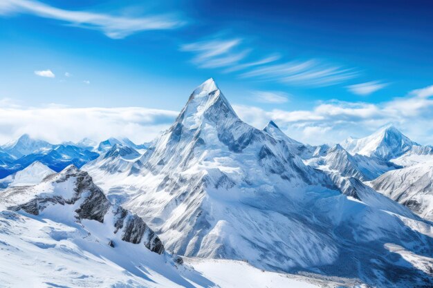 Capture the grandeur of snowcapped peaks against a clear blue sky