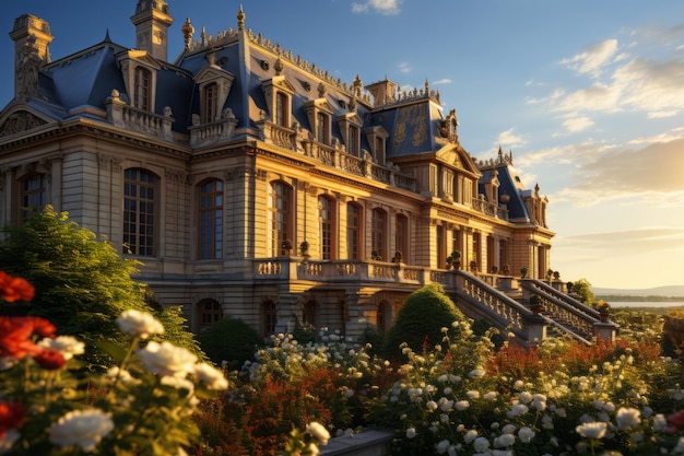 Capture a grandiose view of the Palace of Versailles from the meticulously manicured gardens