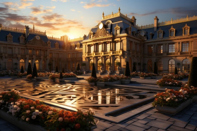 丁寧に手入れされた庭園からベルサイユ宮殿の雄大な景色を眺める