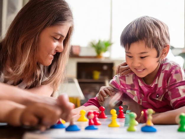 Capture a heartwarming and realistic medium shot of a mother and her child playing a game together