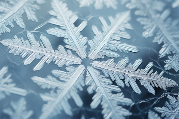 単一の雪の結晶の複雑さと美しさをガラス表面にキャプチャ AI が生成した雪の結晶の氷と冷ややかなテクスチャ