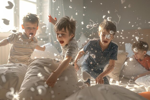 Photo capture the joy of kids having a pillow fight