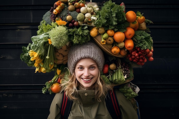 Photo capture the joy on a womans face as she carries fruits generative ai