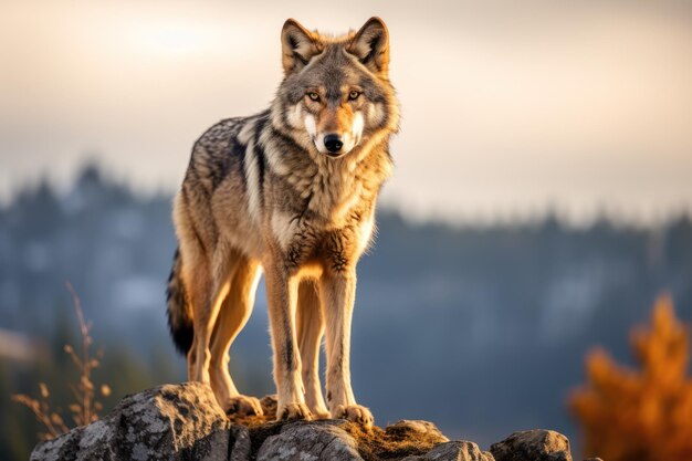 Capture a lone wolf standing on a rocky outcrop