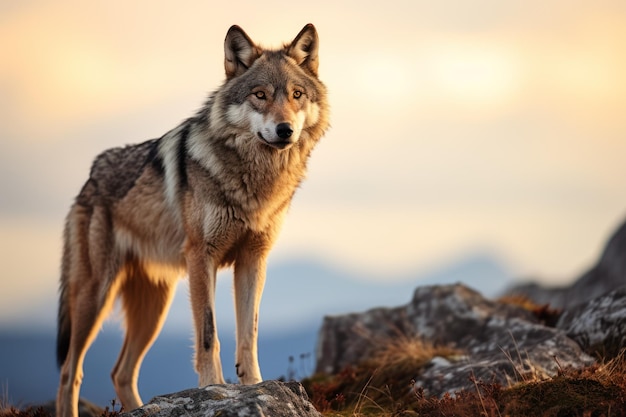 Capture a lone wolf standing on a rocky outcrop