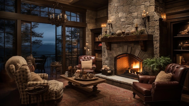 Capture the magic of a crackling fireplace framed by plush armchairs and warm blankets The scene ex