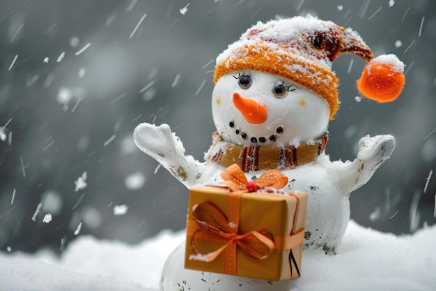 Запечатлейте волшебство зимы на этой восхитительной фотографии, на которой изображен снеговик, держащий подарочную коробку среди заснеженного пейзажа. Счастливый снеговик с носом-морковкой, держащий рождественский подарок Сгенерировано AI