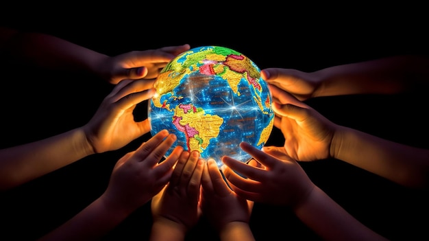 Photo capture many hands of different sizes ages and colors holding a globe