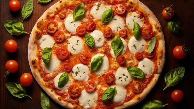 съемка пиццы Маргарита, яркие цвета, текстуры и ингредиенты, свежий моцарелл с базиликом