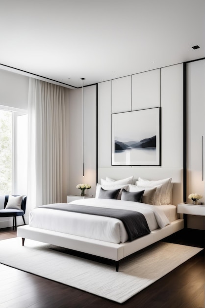 capture a modern bedroom in pristine whites emphasizing clean lines minimalist design