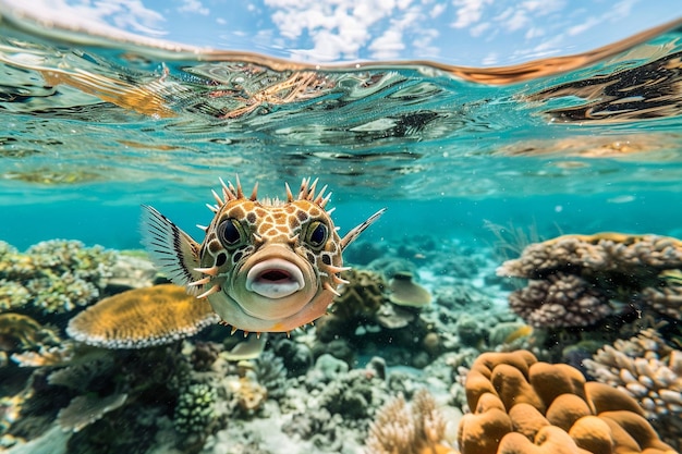 이 있는 어리 (puffer fish) 가 생식기 (generative ai) 를 기게 하는 순간을 포착하세요.