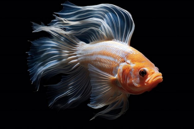 Capture the moving moment of yellow siamese fighting fish isolated on black background betta fish