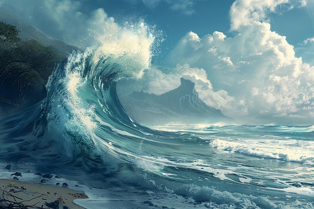 Capture the ominous sight of towering waves gather generative ai