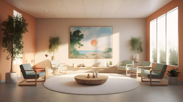 Foto cattura l'ambiente tranquillo e sereno di una sala di meditazione o relax in una struttura medica