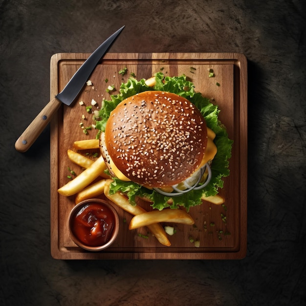 Capture the Perfect Shot of a Juicy Burger on a Rustic Wooden Board Plate Generative AI