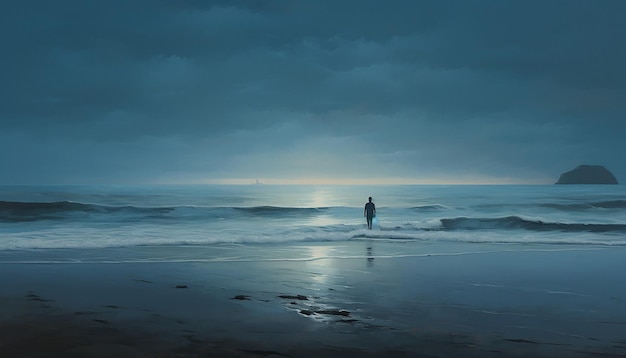 Capture a scene of a desolate beach on blue monday