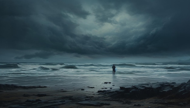 Capture a scene of a desolate beach on blue monday