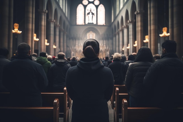 Capture the serenity of Christians in prayer at a church rendered by Generative AI