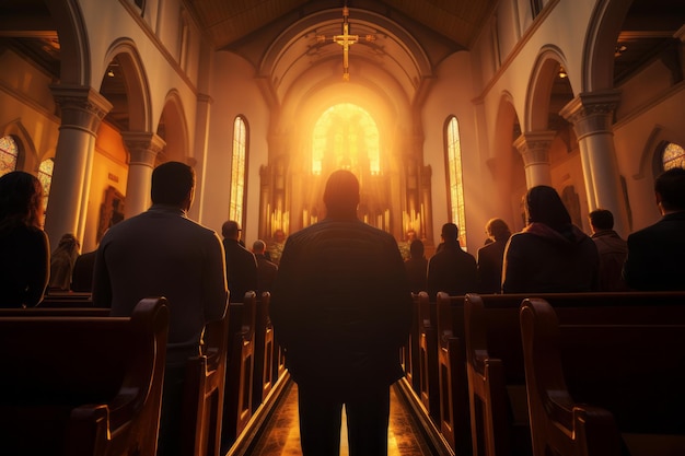 Photo capture the serenity of christians in prayer at a church rendered by generative ai