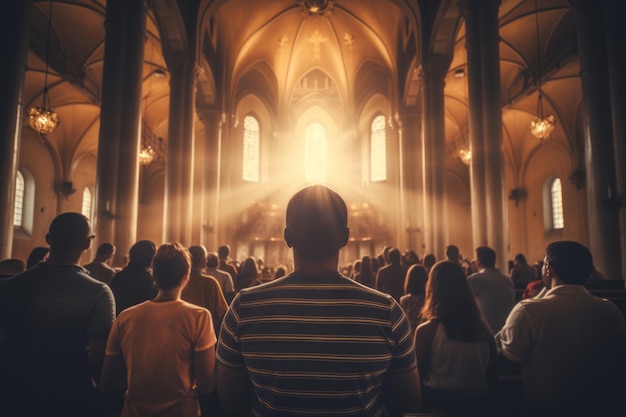 Photo capture the serenity of christians in prayer at a church rendered by generative ai