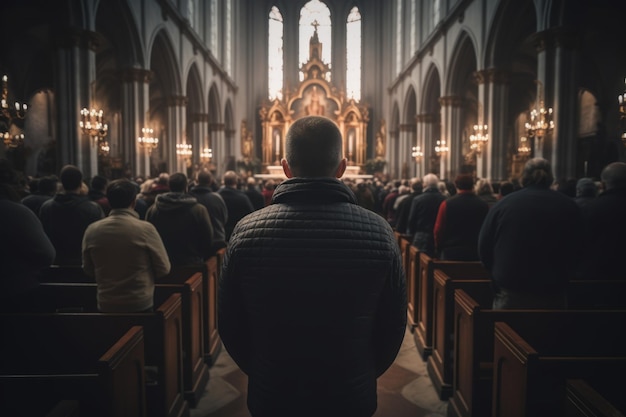 Photo capture the serenity of christians in prayer at a church rendered by generative ai