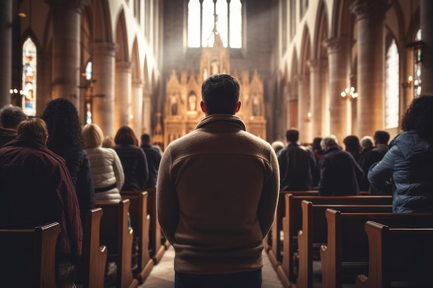 生成 AI によってレンダリングされた教会で祈りを捧げるキリスト教徒の静けさを捉えます