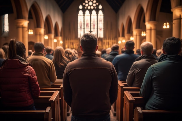 Capture the serenity of Christians in prayer at a church rendered by Generative AI