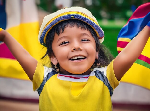 Capture the sincere patriotism and infectious happiness of a cute colombian child as they celebrate