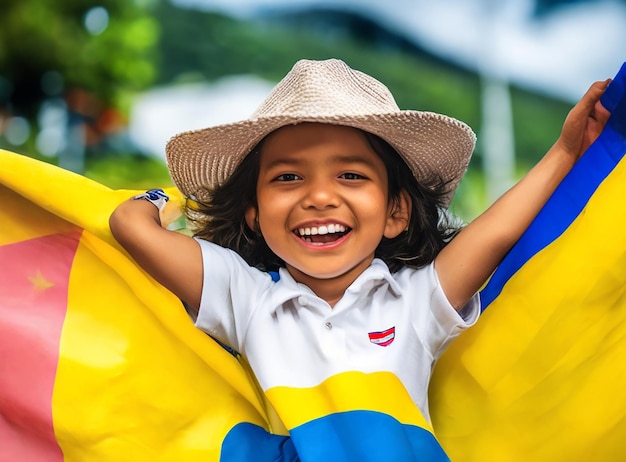 Capture the sincere patriotism and infectious happiness of a cute colombian child as they celebrate