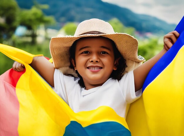 Capture the sincere patriotism and infectious happiness of a cute colombian child as they celebrate