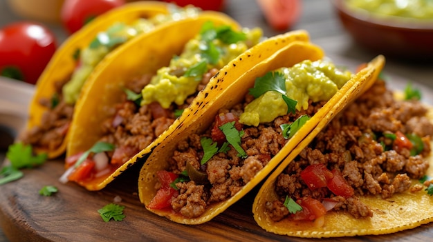 Capture the textures of the crispy taco shells tender meat or beans and creamy guacamole or salsa Focus on closeup shots to highlight the crunchy exterior and the juicy flavorful fillings