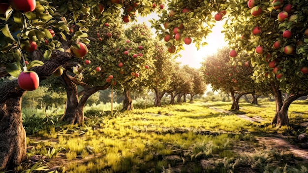 写真 果樹園の熟したリンゴの写真で 果実の朝の本質を捉えなさい