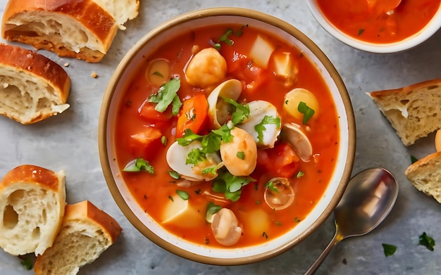 Фото Захватите суть manhattan clam chowder в восхитительном фотосъемке еды