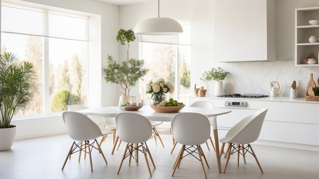 Capture the timeless elegance of a white kitchen table bathed in natural light Showcase the simplic