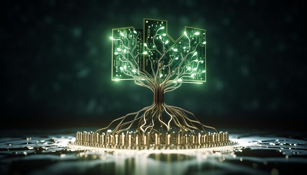 Запечатлейте уникальную сцену футуристического растения с корнями, сделанными из цифровых чипов.