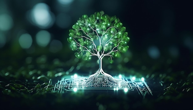 Capture a unique scene of a futuristic plant with roots made of digital chips