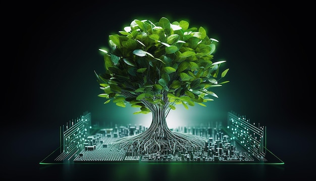 Запечатлейте уникальную сцену футуристического растения с корнями, сделанными из цифровых чипов.