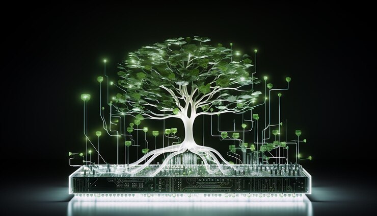 Photo capture a unique scene of a futuristic plant with roots made of digital chips
