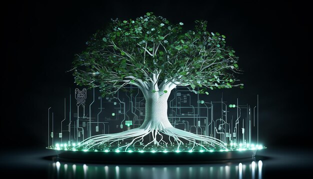 Capture a unique scene of a futuristic plant with roots made of digital chips