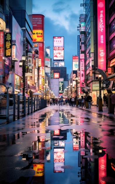 Foto cattura di una strada urbana di tokyo al crepuscolo