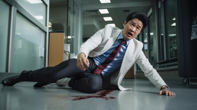 Photo capture the urgency of health crises an asian man faints on the floor symbolizing vulnerability